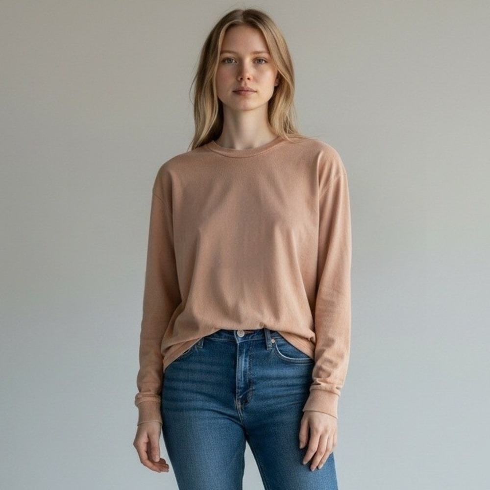 Antistar Womens Tan Cotton Mineral Wash Raw Hem Long Sleeve Crop Tee Large